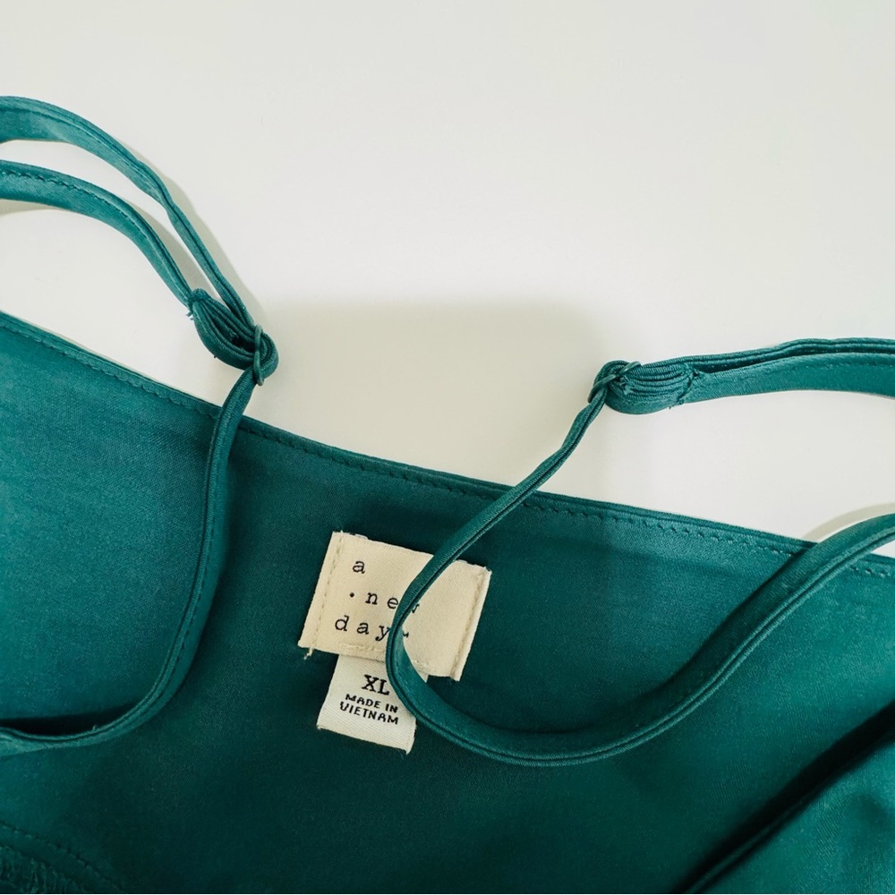 A New Day Emerald Satin Slip Dress XL Bustier Seams Slit Midi - Picture 10 of 15